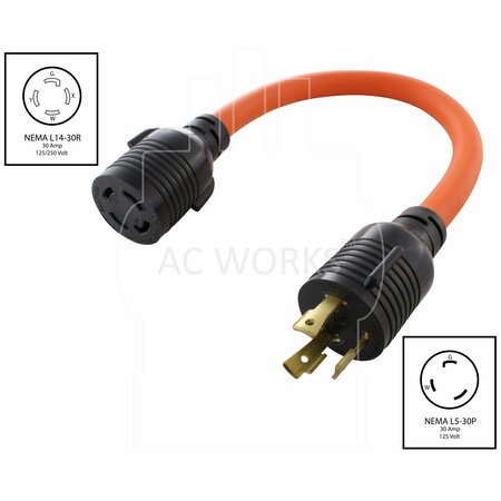 Ac Works 1.5FT L5-30P 3-Prong 30A Plug to L14-30R 30A 125/250V 4-Prong Connector L530L1430-018